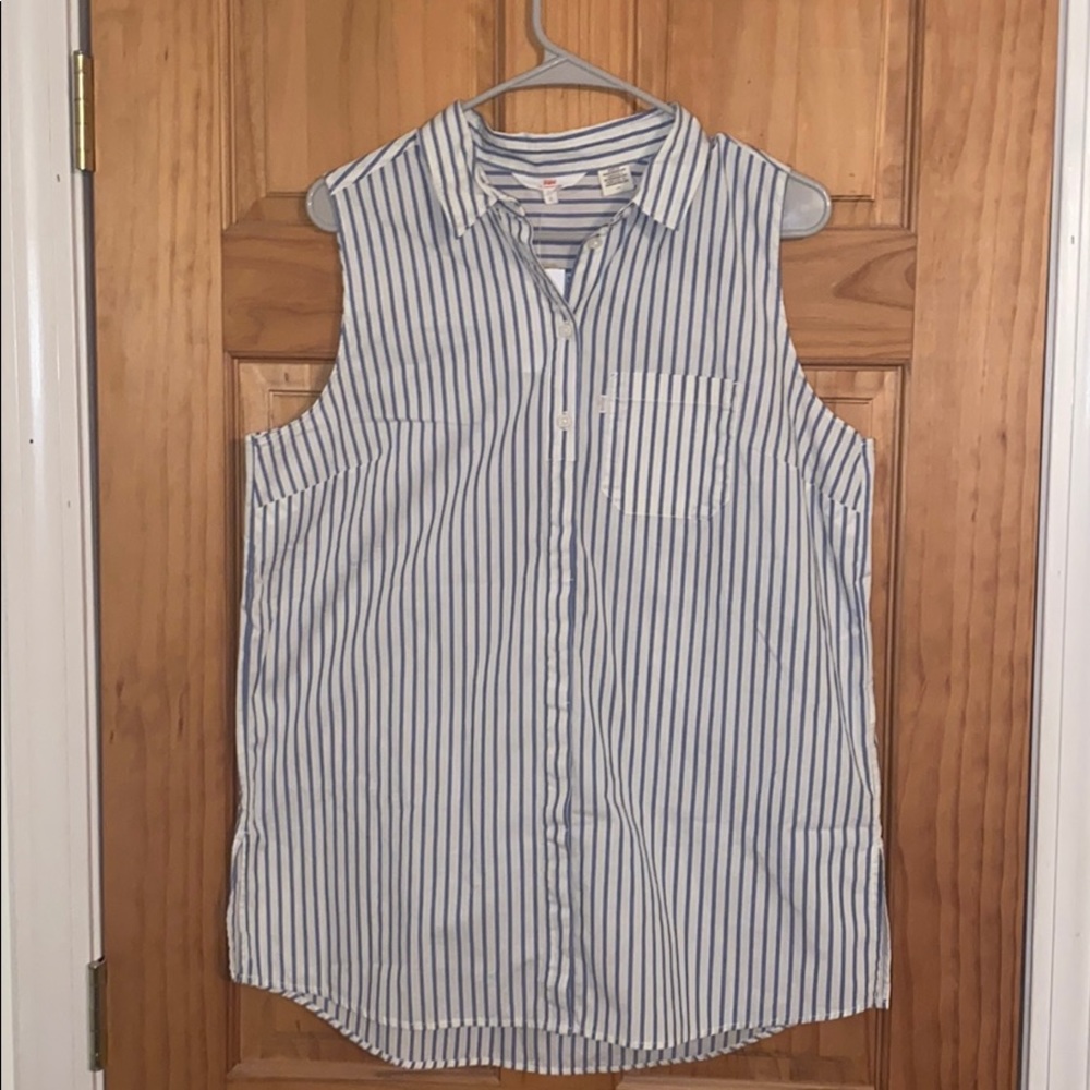 Levi blue and white striped collared tank top